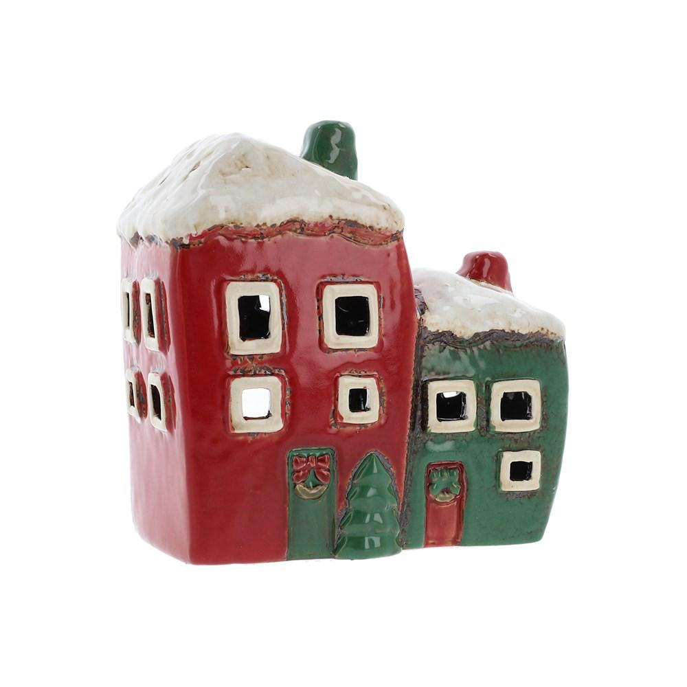 Festive Red & Green Ceramic Christmas Village Tealight Holder