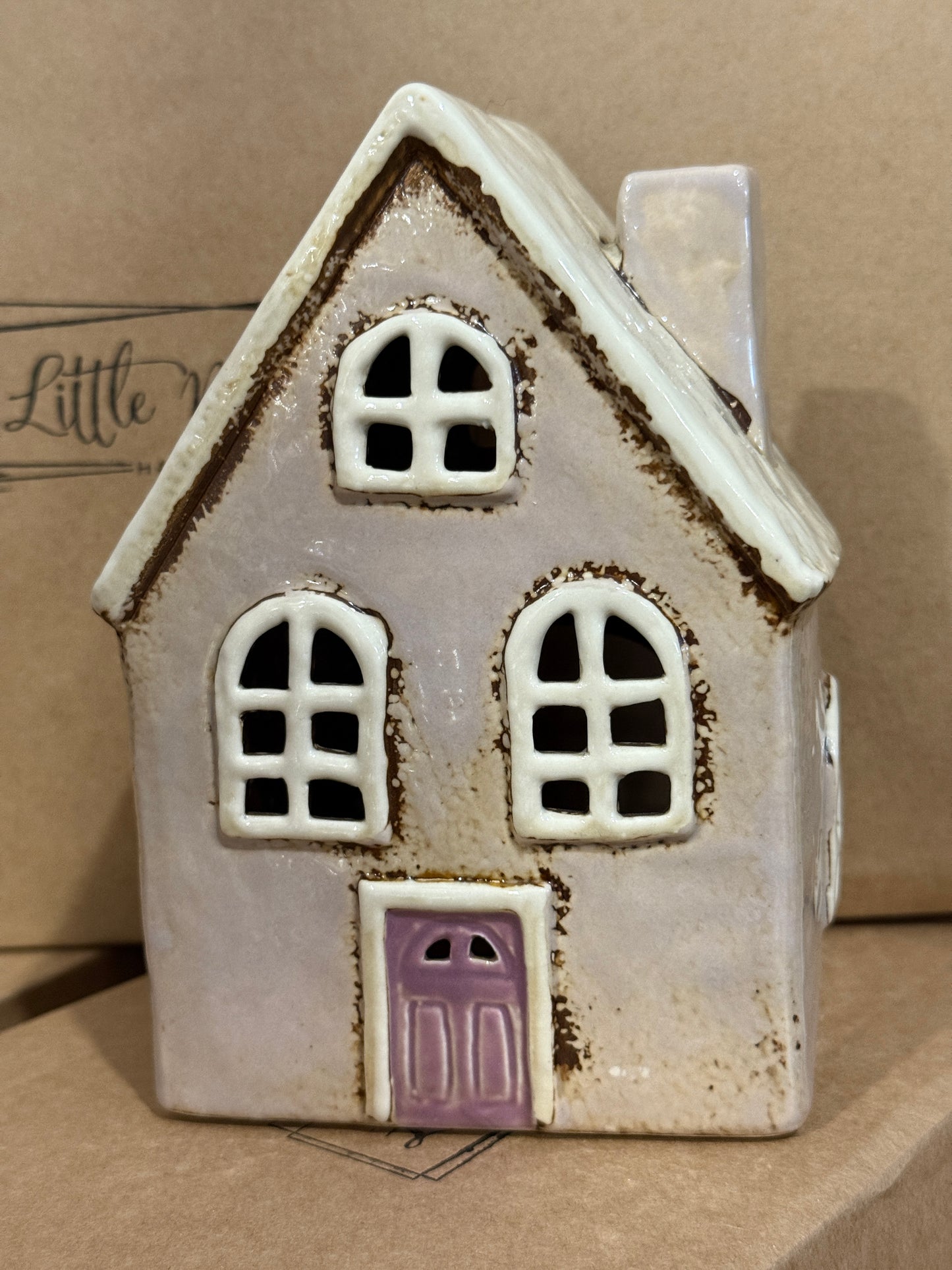 Elegant Lilac Ceramic House Tealight Holder with Arched Windows