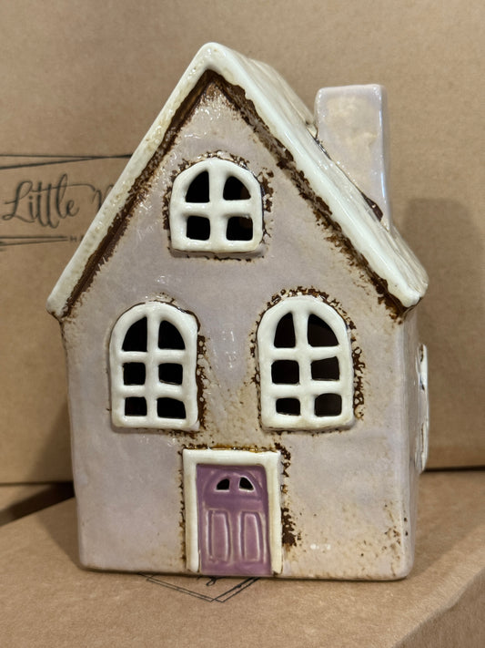 Elegant Lilac Ceramic House Tealight Holder with Arched Windows