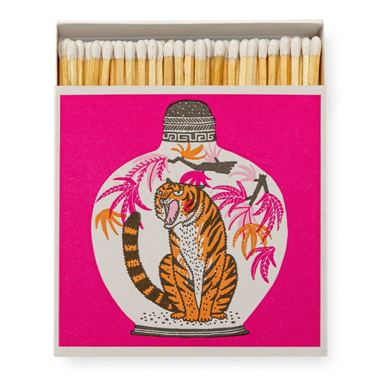 Square box of safety matches in pink box with orange tiger picture 