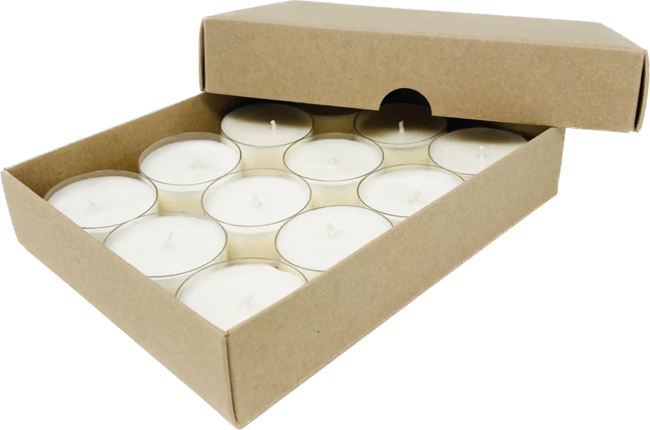 gift box of twelve individual hand poured soy wax tea lights of various fragrances. 