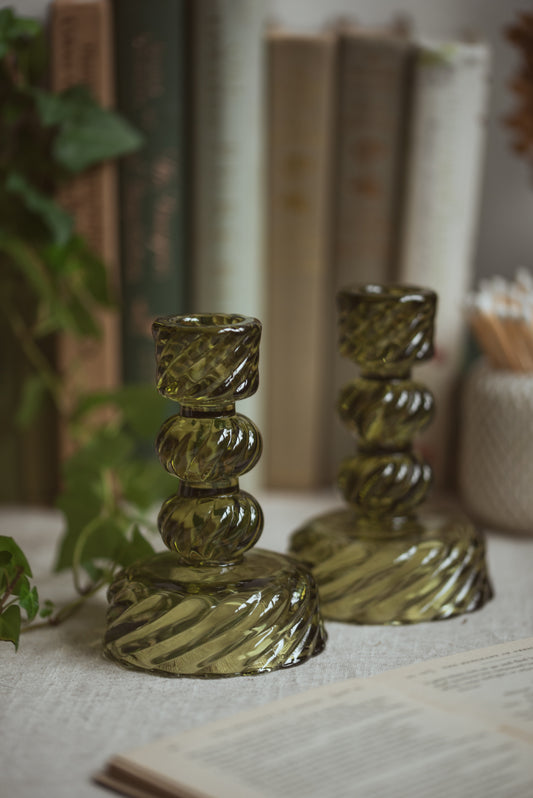 Green Twisted Glass Candlestick Set | Vintage-Inspired Candle Holders