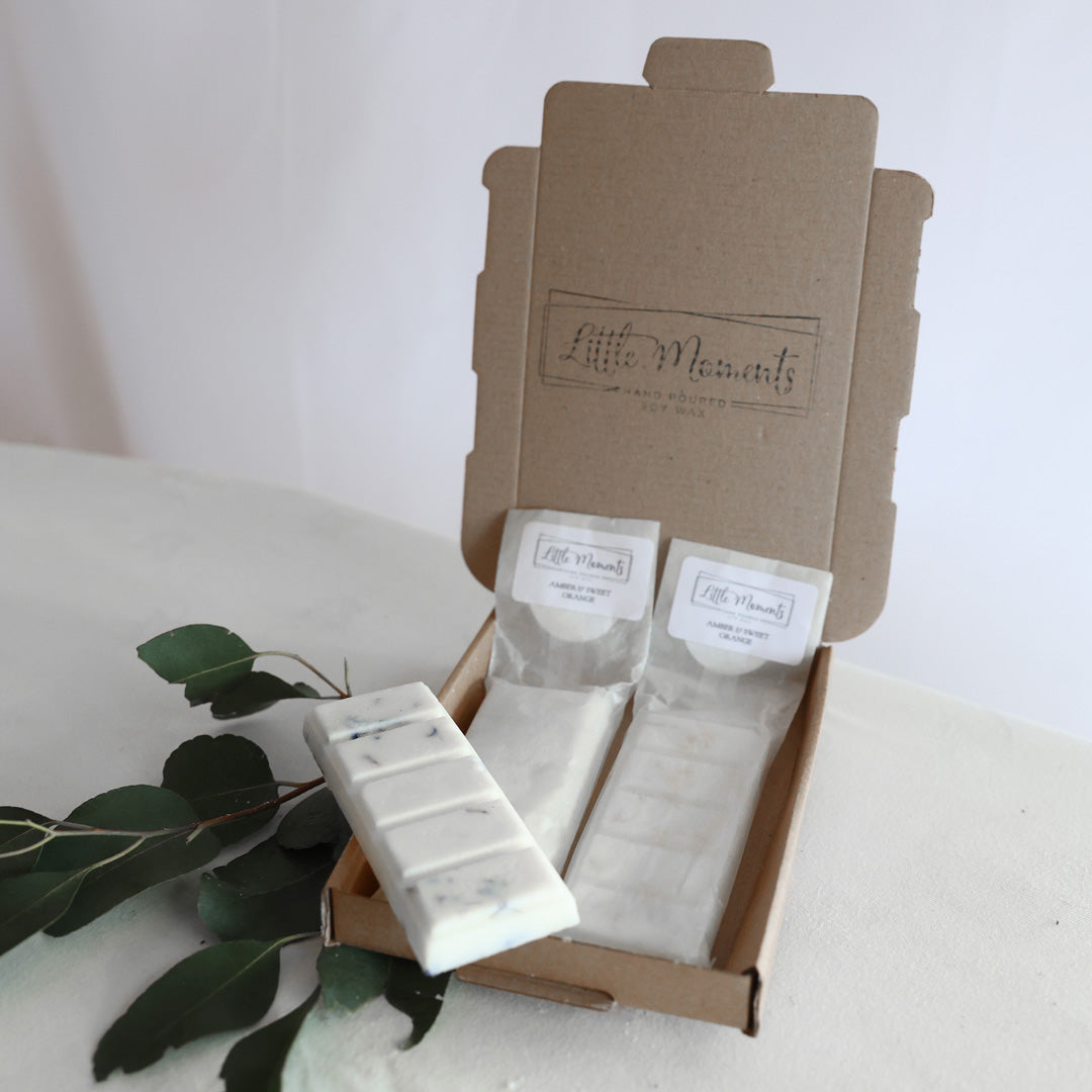 pack of hand poured soy wax melt snap bars places in a brown postal box and twig of foliage with leaves