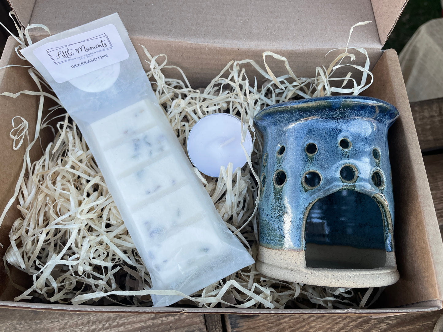 unique hand made pottery wax melt burner in a gift box with a bar of soy wax snap bar