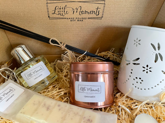 box gift set with a reed diffuser, soy wax candle in a rose gold tin, dragonfly ceramic wax melt burner and a wax melt snap bar